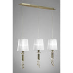 M3875/WS Tiffany Linear Pendant 3+3 Light E27+G9 Line Antique Brass White Shades & Clear Crystal