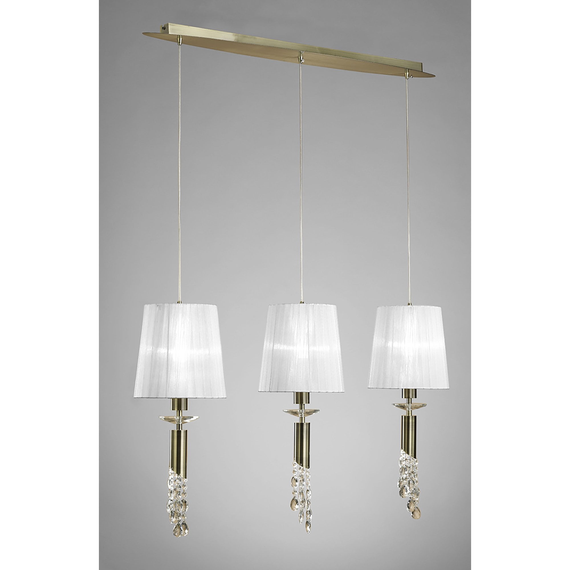 M3875/WS Tiffany Linear Pendant 3+3 Light E27+G9 Line Antique Brass White Shades & Clear Crystal