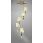 M3877/CS Tiffany Pendant 5+5 Light E27+G9 Spiral Antique Brass Cream Shades & Clear Crystal