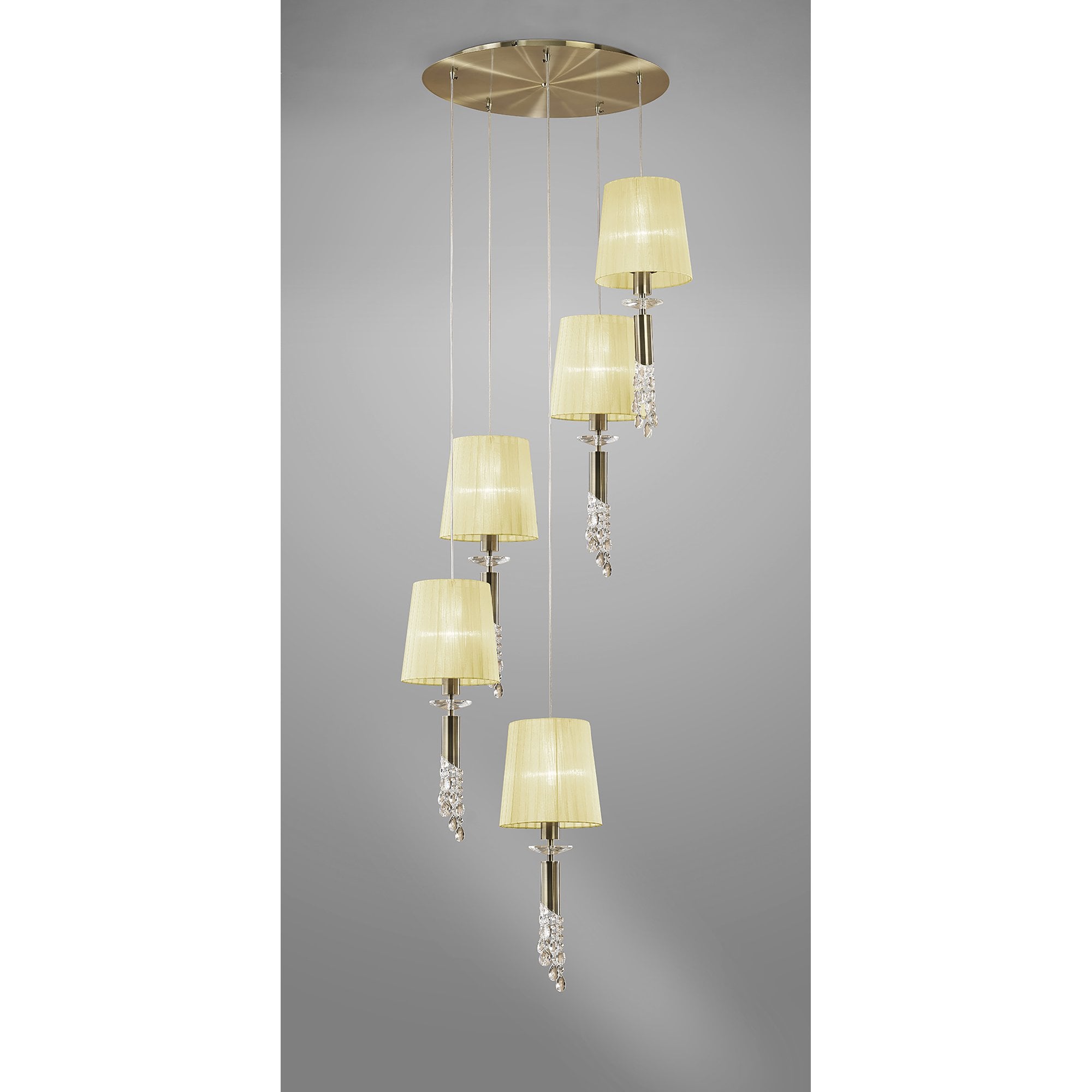M3877/CS Tiffany Pendant 5+5 Light E27+G9 Spiral Antique Brass Cream Shades & Clear Crystal
