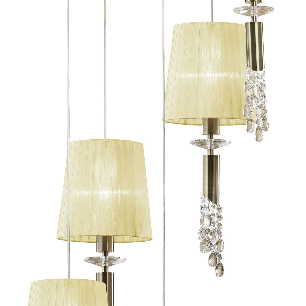 M3877/CS Tiffany Pendant 5+5 Light E27+G9 Spiral Antique Brass Cream Shades & Clear Crystal