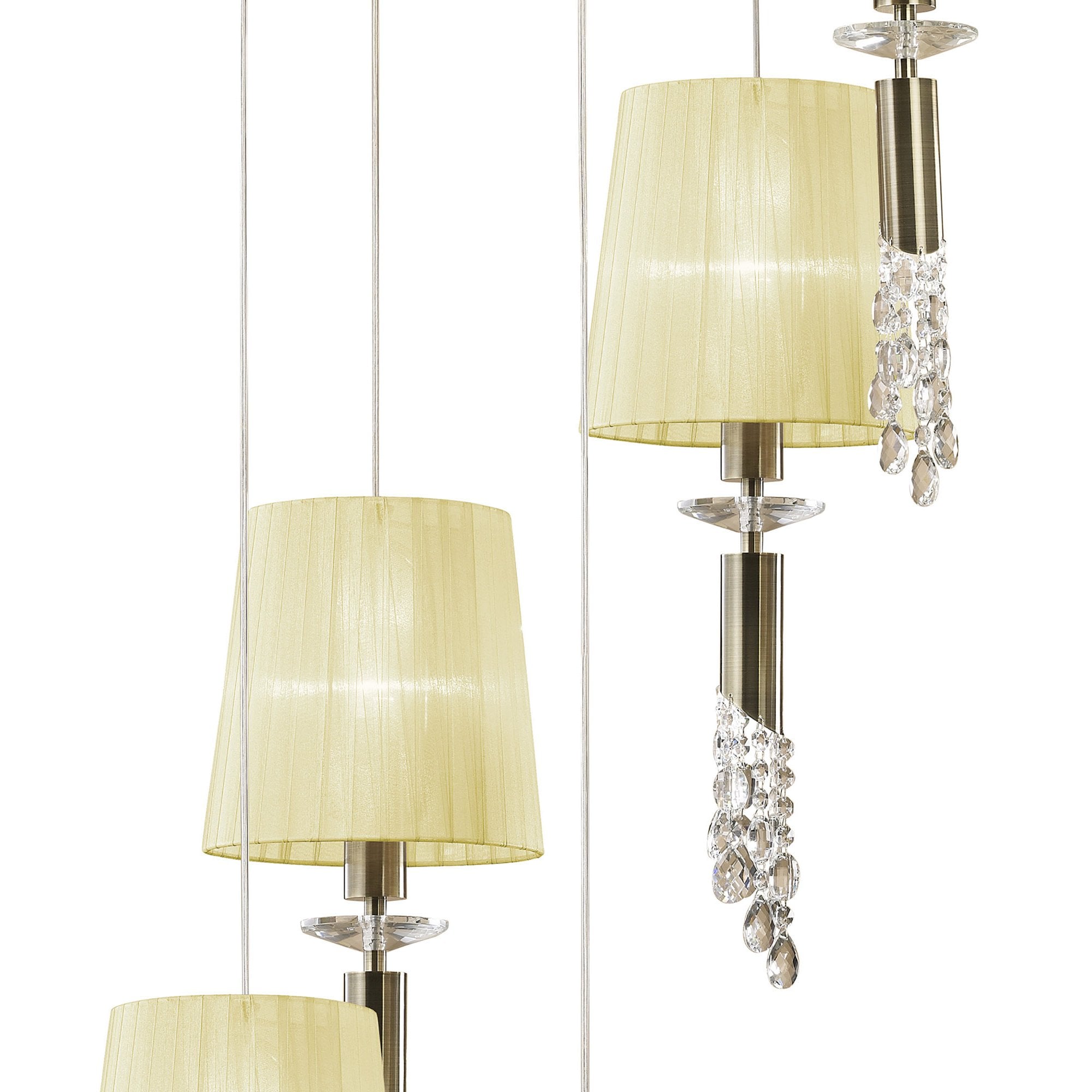 M3877/CS Tiffany Pendant 5+5 Light E27+G9 Spiral Antique Brass Cream Shades & Clear Crystal