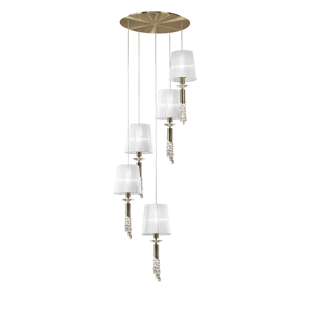 M3877/WS Tiffany Pendant 5+5 Light E27+G9 Spiral Antique Brass White Shades & Clear Crystal