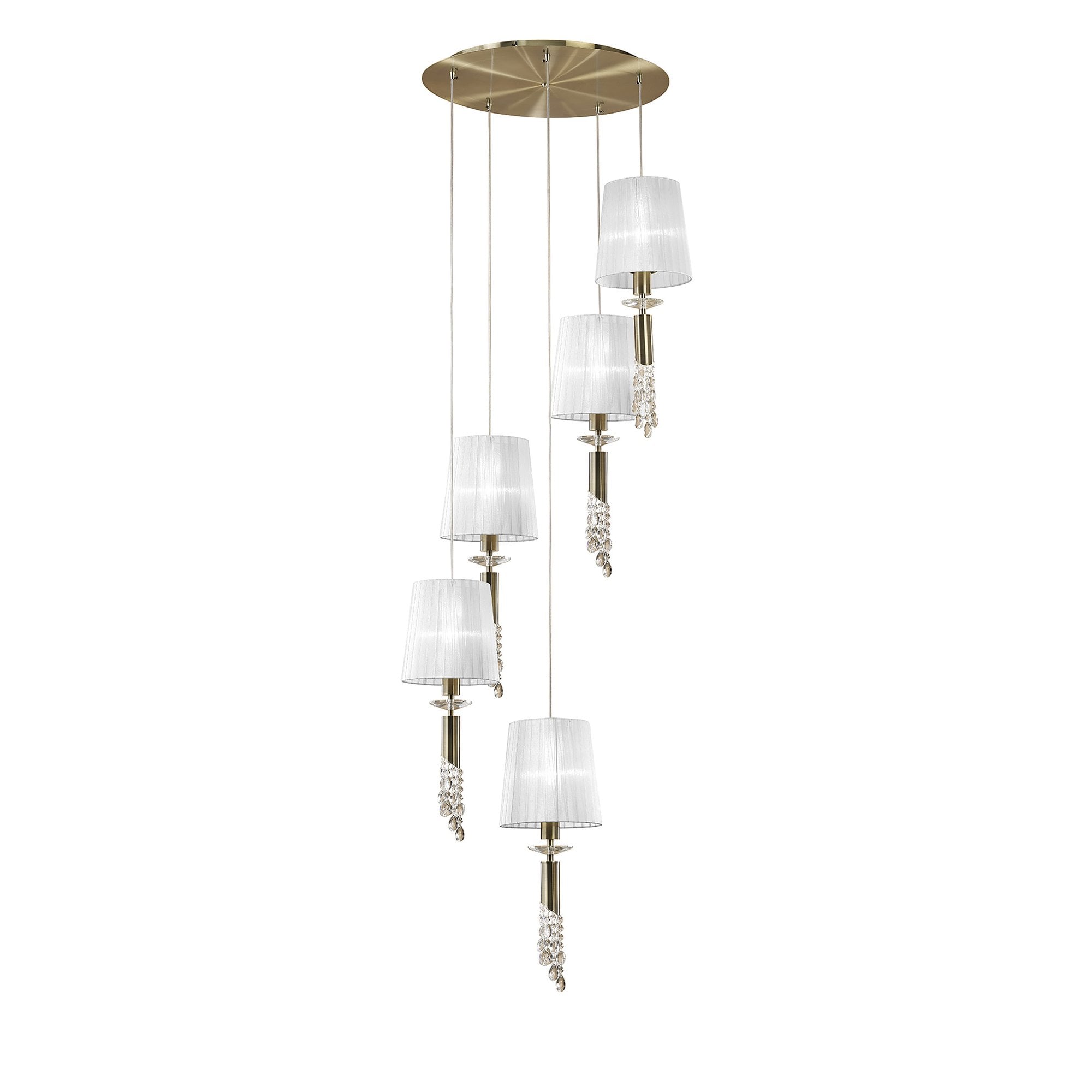 M3877/WS Tiffany Pendant 5+5 Light E27+G9 Spiral Antique Brass White Shades & Clear Crystal