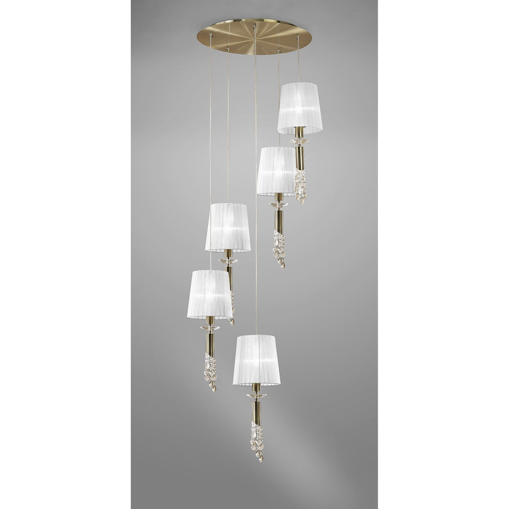 M3877/WS Tiffany Pendant 5+5 Light E27+G9 Spiral Antique Brass White Shades & Clear Crystal