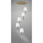 M3877/WS Tiffany Pendant 5+5 Light E27+G9 Spiral Antique Brass White Shades & Clear Crystal