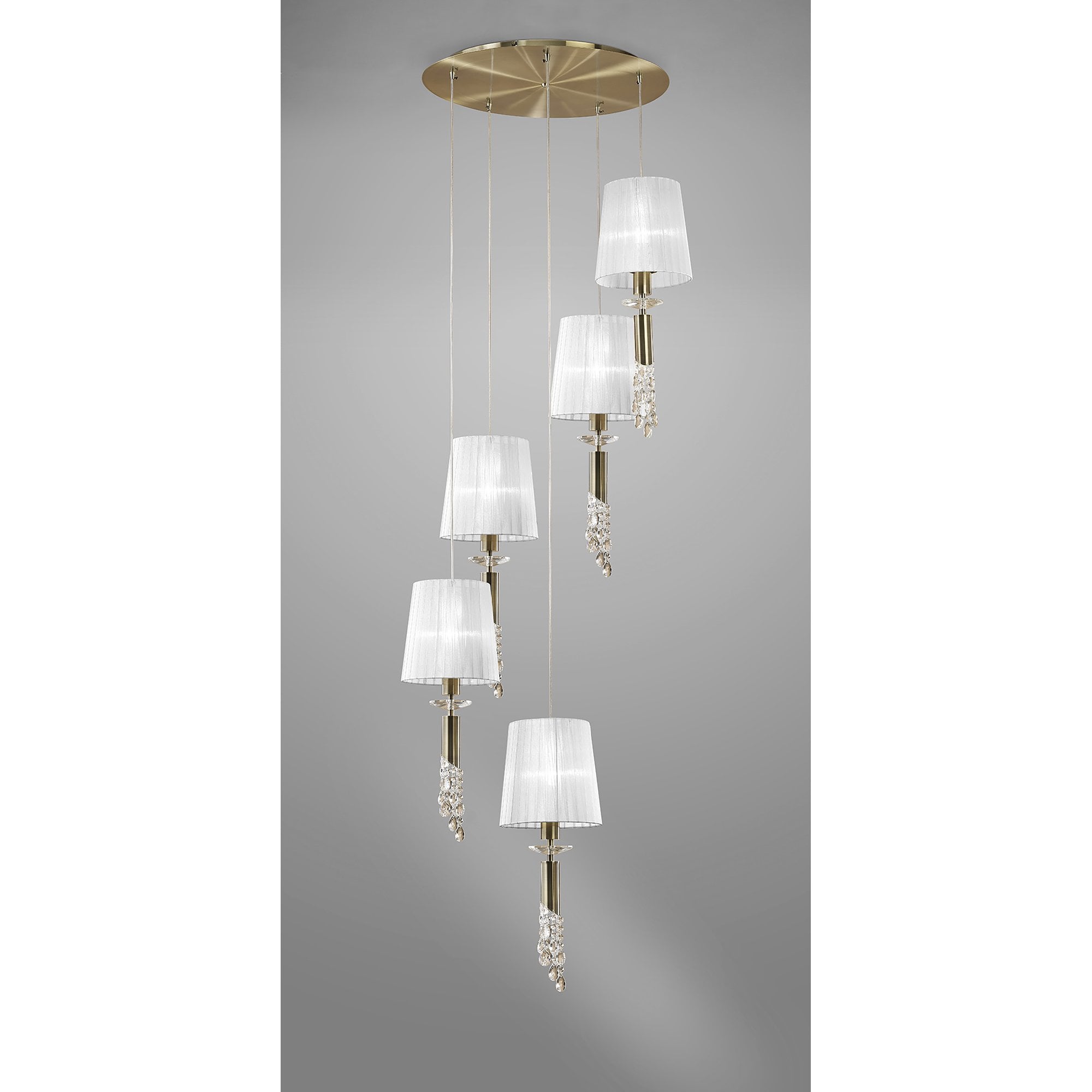 M3877/WS Tiffany Pendant 5+5 Light E27+G9 Spiral Antique Brass White Shades & Clear Crystal