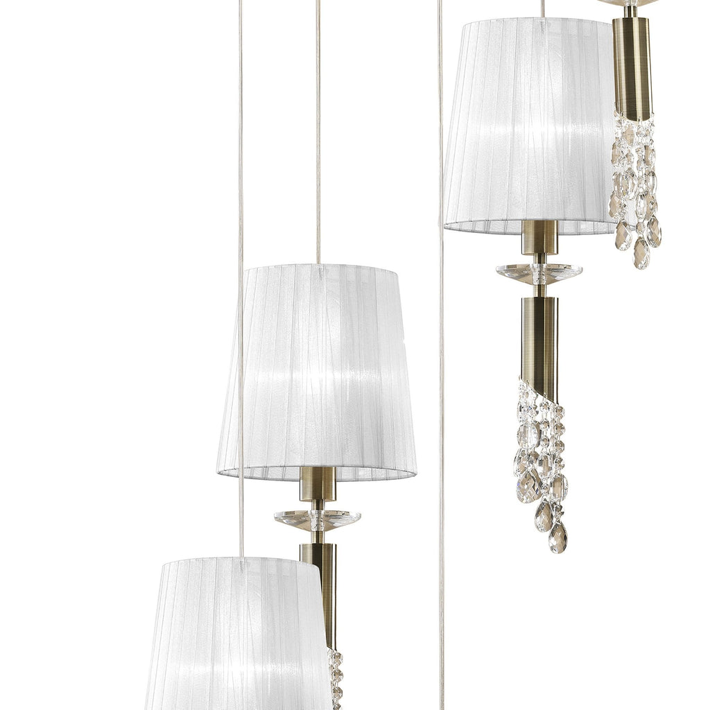 M3877/WS Tiffany Pendant 5+5 Light E27+G9 Spiral Antique Brass White Shades & Clear Crystal