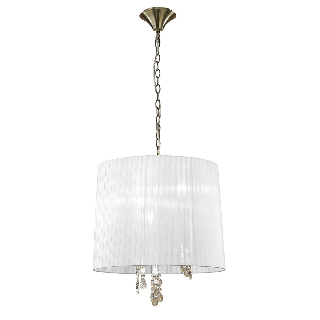 M3880/WS Tiffany Pendant 3+3 Light E14+G9 Antique Brass White Shade & Clear Crystal