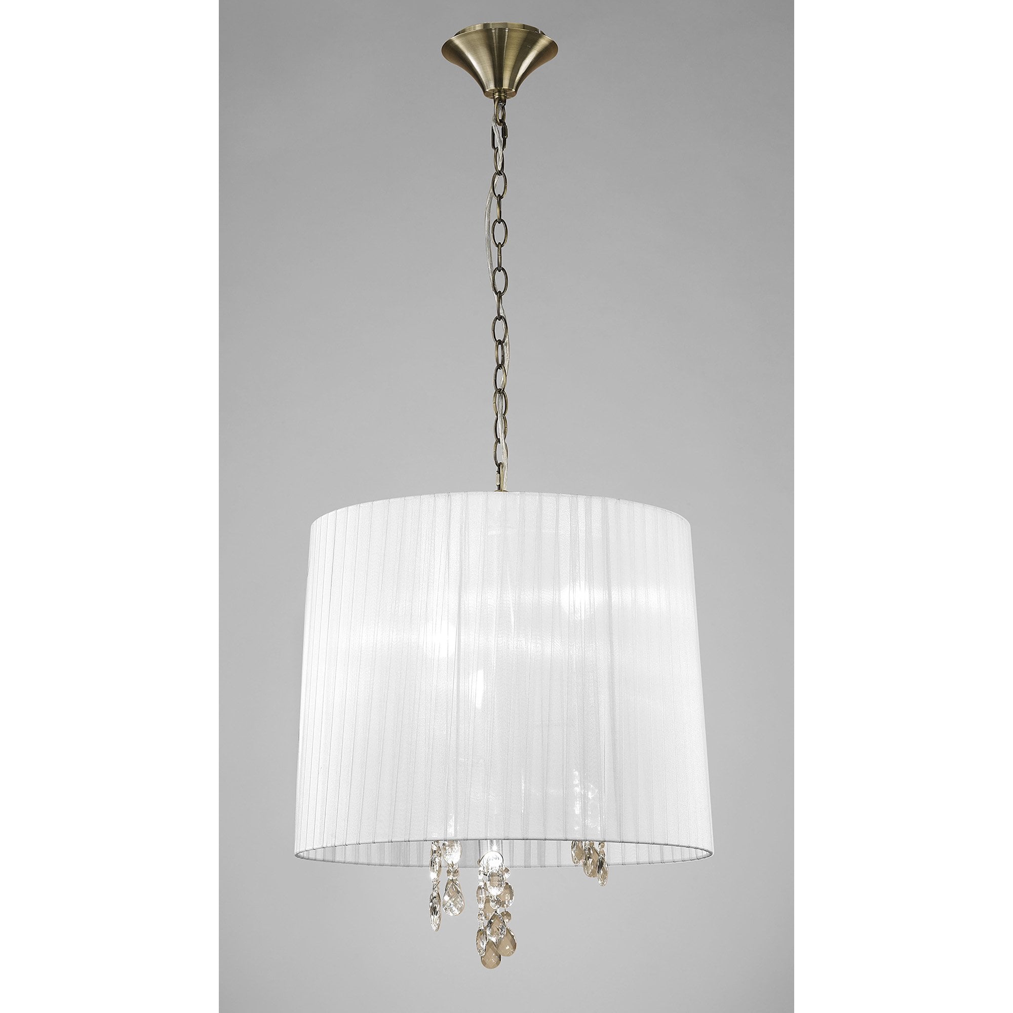 M3880/WS Tiffany Pendant 3+3 Light E14+G9 Antique Brass White Shade & Clear Crystal