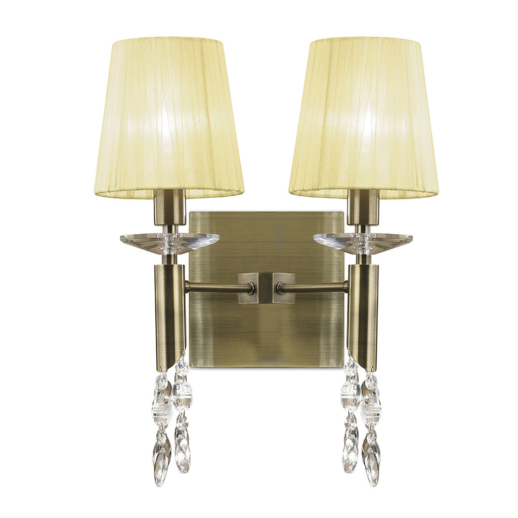 M3883/S/CS Tiffany Wall Lamp Switched 2+2 Light E14+G9 Antique Brass Cream Shades & Clear Crystal