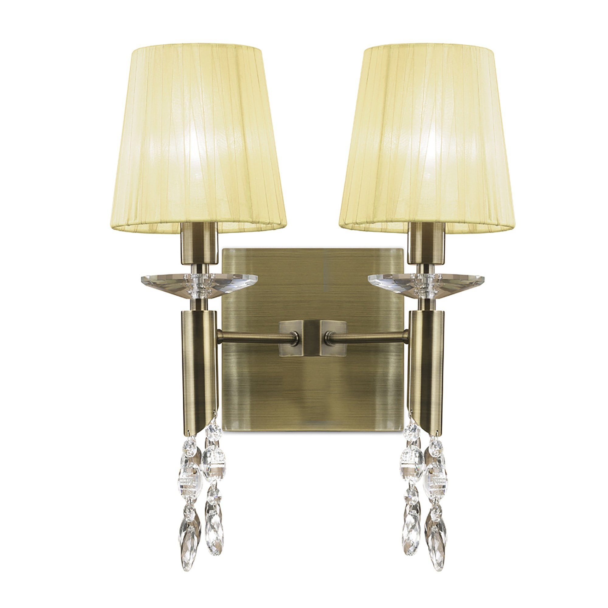M3883/S/CS Tiffany Wall Lamp Switched 2+2 Light E14+G9 Antique Brass Cream Shades & Clear Crystal