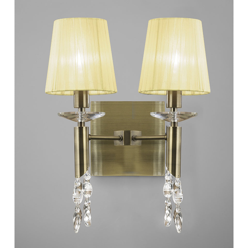M3883/S/CS Tiffany Wall Lamp Switched 2+2 Light E14+G9 Antique Brass Cream Shades & Clear Crystal