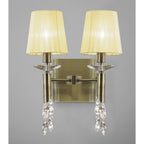 M3883/S/CS Tiffany Wall Lamp Switched 2+2 Light E14+G9 Antique Brass Cream Shades & Clear Crystal