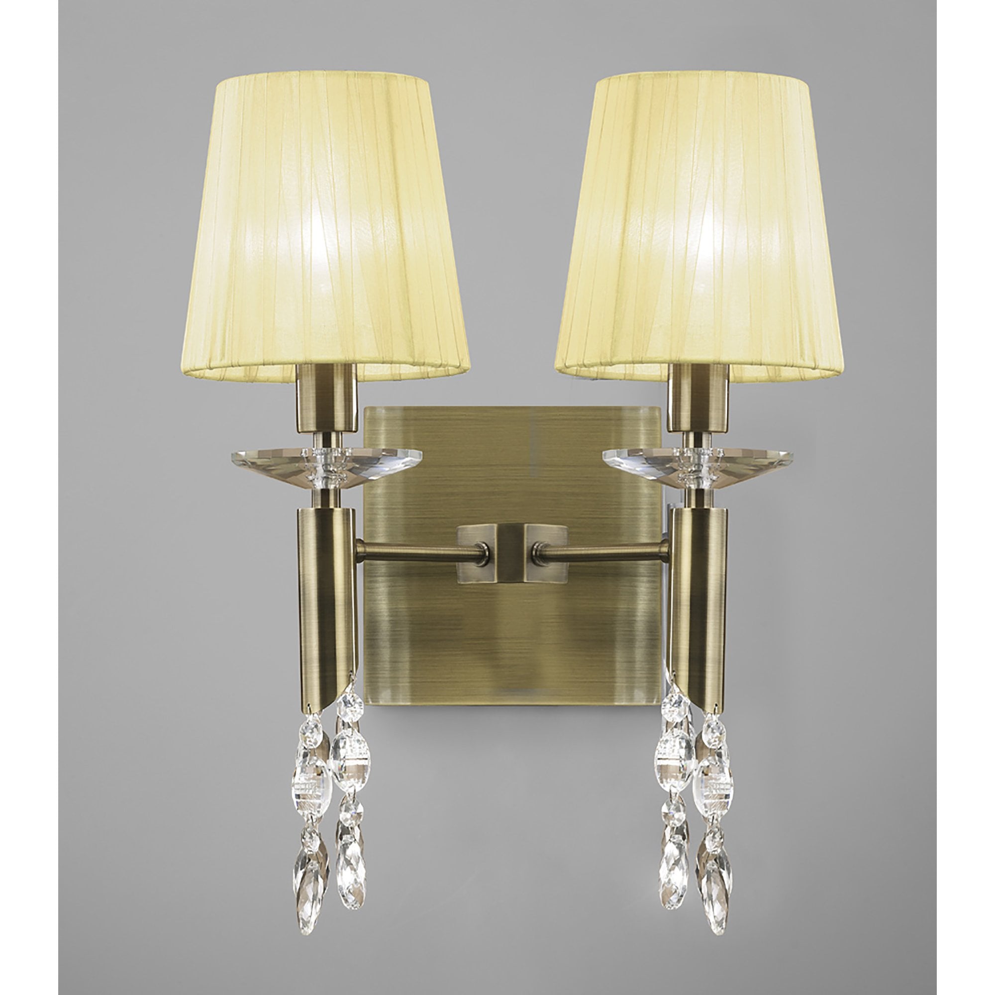 M3883/S/CS Tiffany Wall Lamp Switched 2+2 Light E14+G9 Antique Brass Cream Shades & Clear Crystal