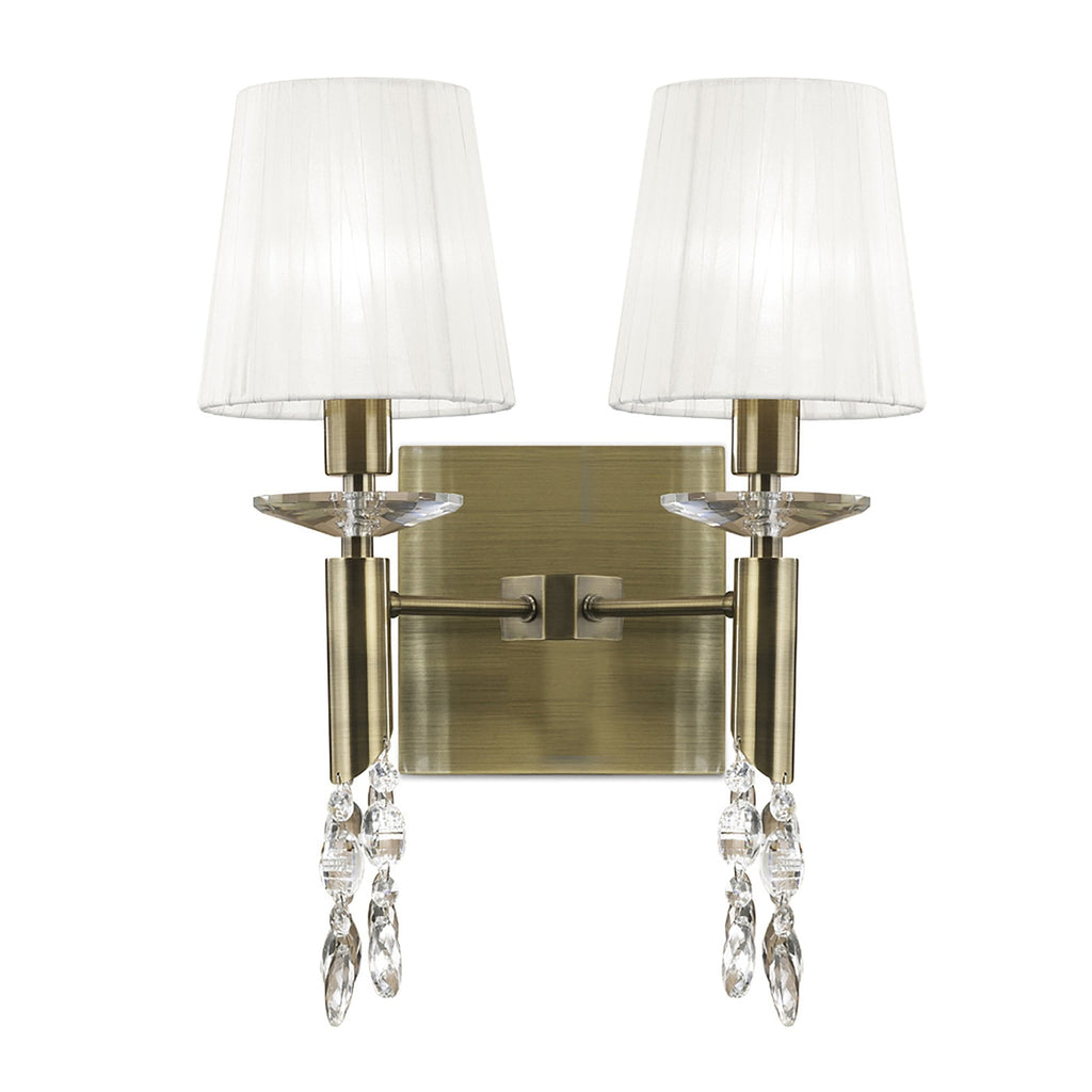 M3883/S/WS Tiffany Wall Lamp Switched 2+2 Light E14+G9 Antique Brass White Shades & Clear Crystal