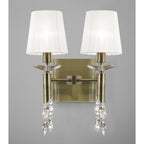 M3883/S/WS Tiffany Wall Lamp Switched 2+2 Light E14+G9 Antique Brass White Shades & Clear Crystal