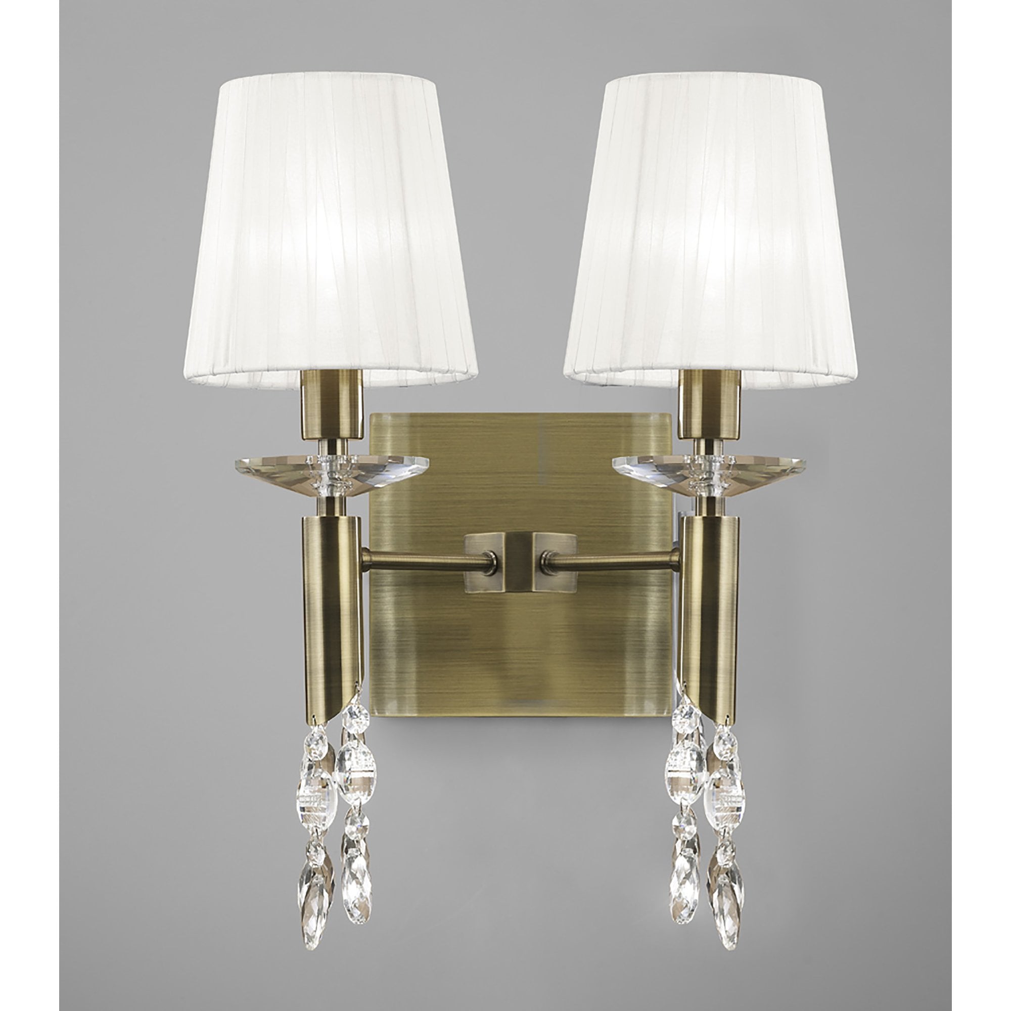 M3883/S/WS Tiffany Wall Lamp Switched 2+2 Light E14+G9 Antique Brass White Shades & Clear Crystal