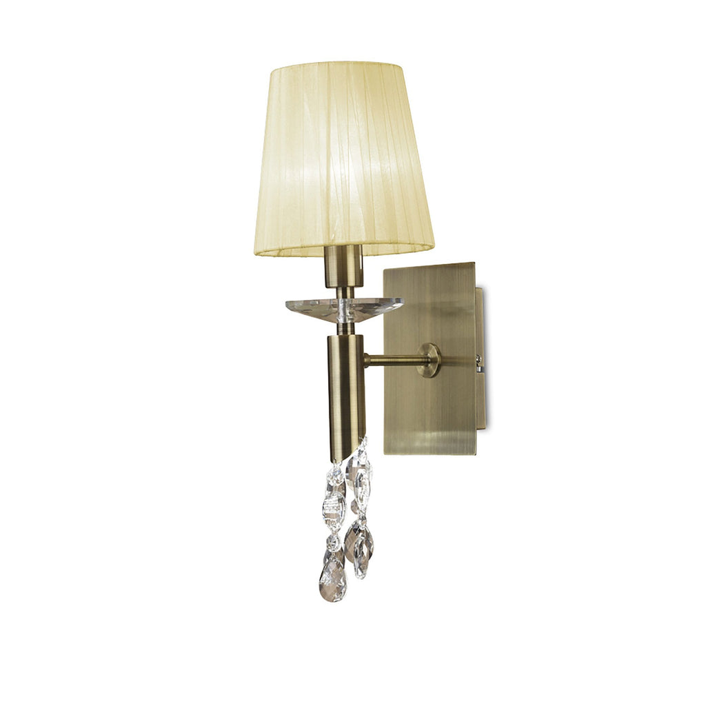 M3884/S/CS Tiffany Wall Lamp Switched 1+1 Light E14+G9 Antique Brass Cream Shade & Clear Crystal