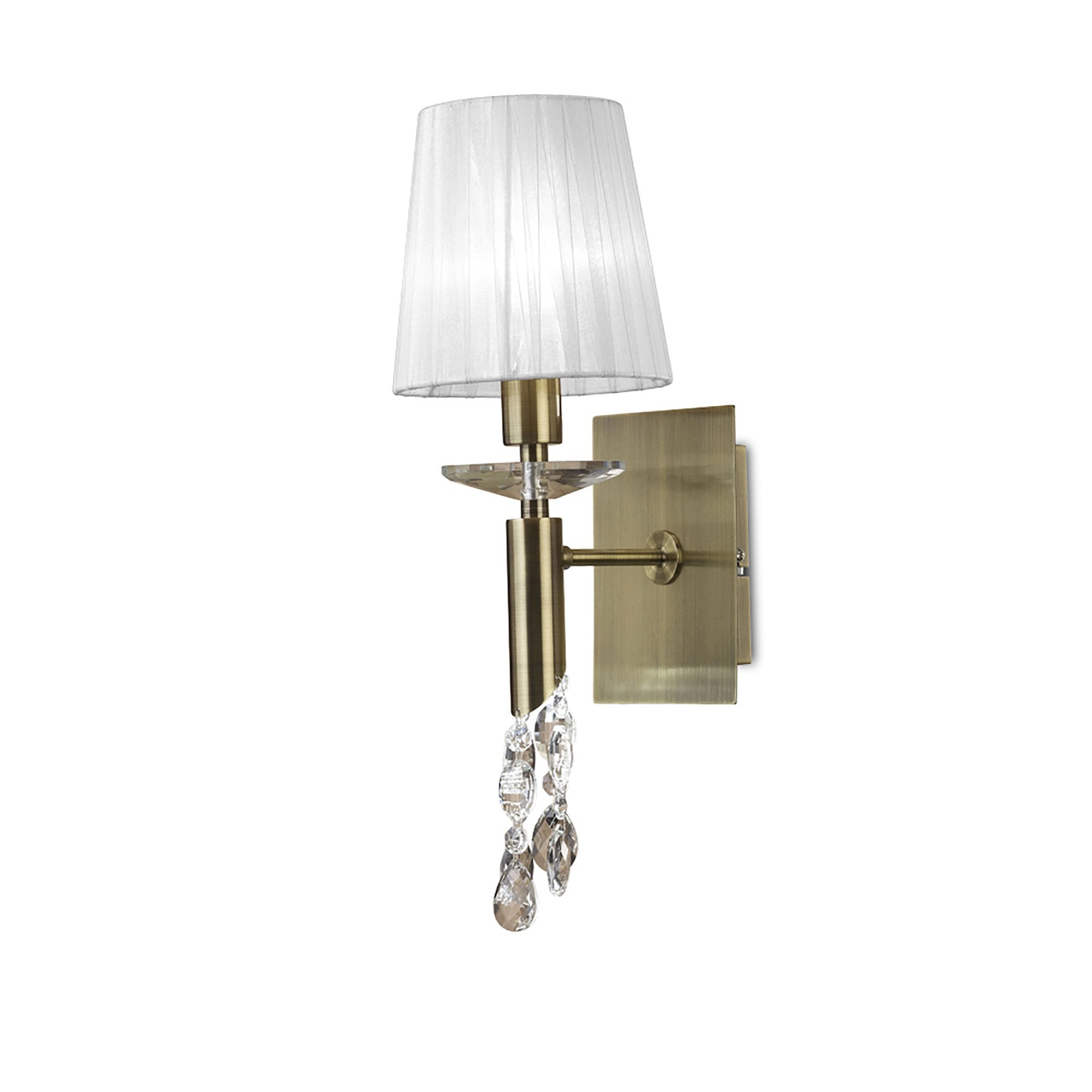 M3884/S/WS Tiffany Wall Lamp Switched 1+1 Light E14+G9 Antique Brass White Shade & Clear Crystal