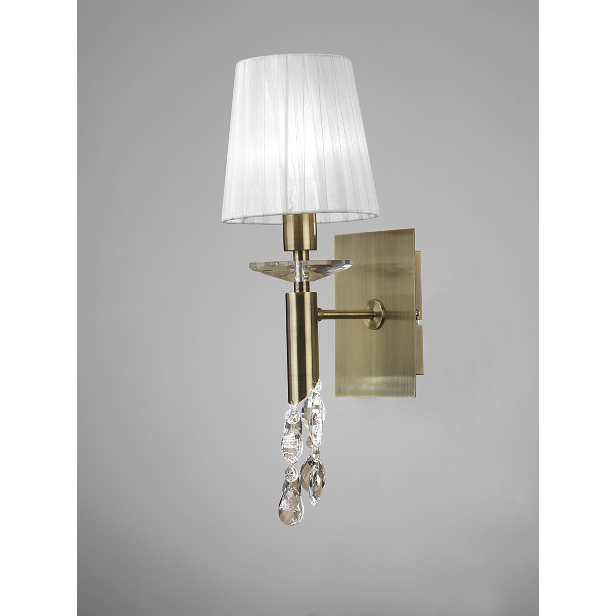 M3884/S/WS Tiffany Wall Lamp Switched 1+1 Light E14+G9 Antique Brass White Shade & Clear Crystal