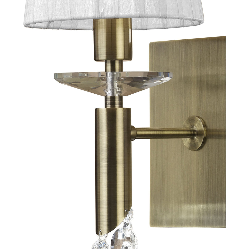 M3884/S/WS Tiffany Wall Lamp Switched 1+1 Light E14+G9 Antique Brass White Shade & Clear Crystal