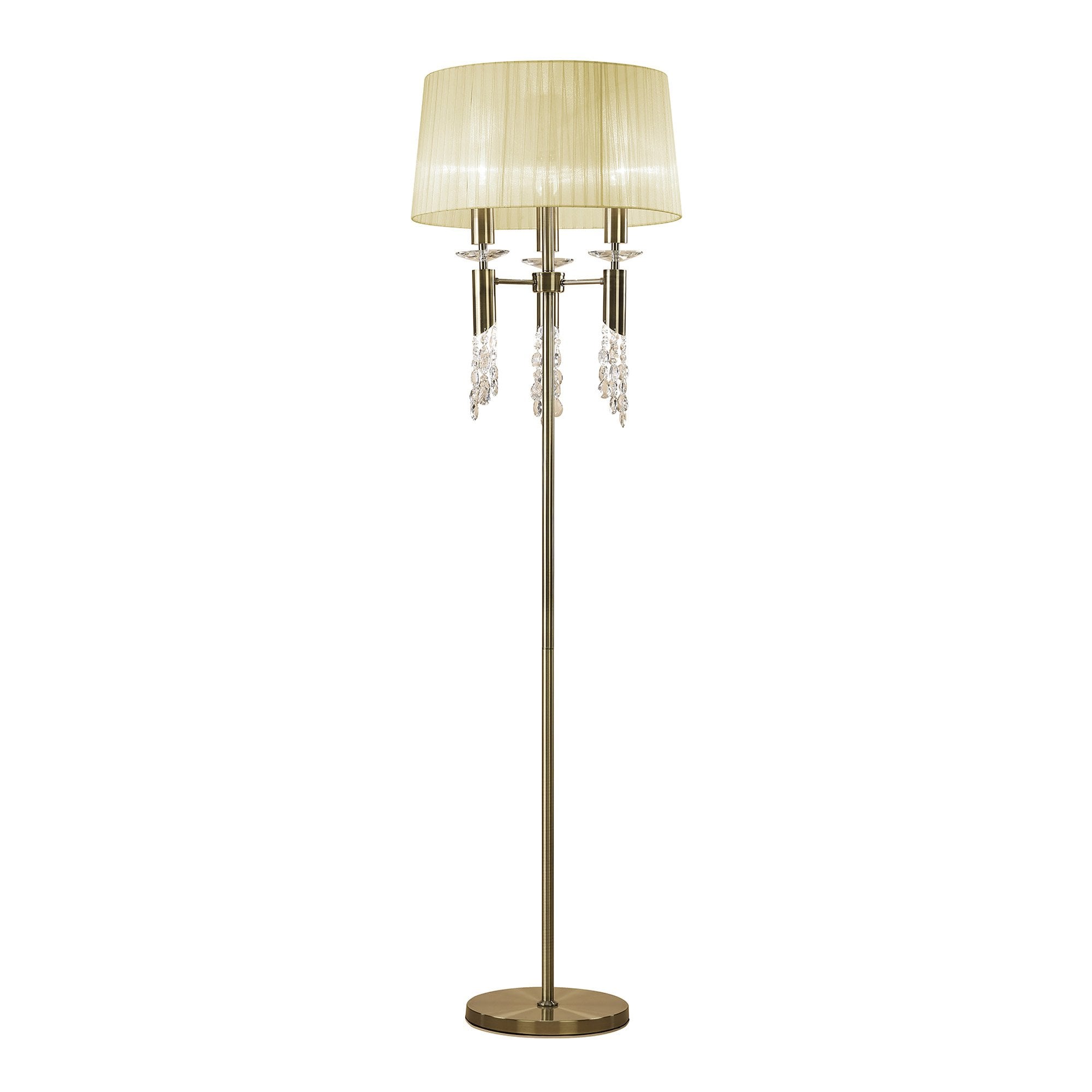 M3889/CS Tiffany Floor Lamp 3+3 Light E27+G9 Antique Brass Cream Shade & Clear Crystal