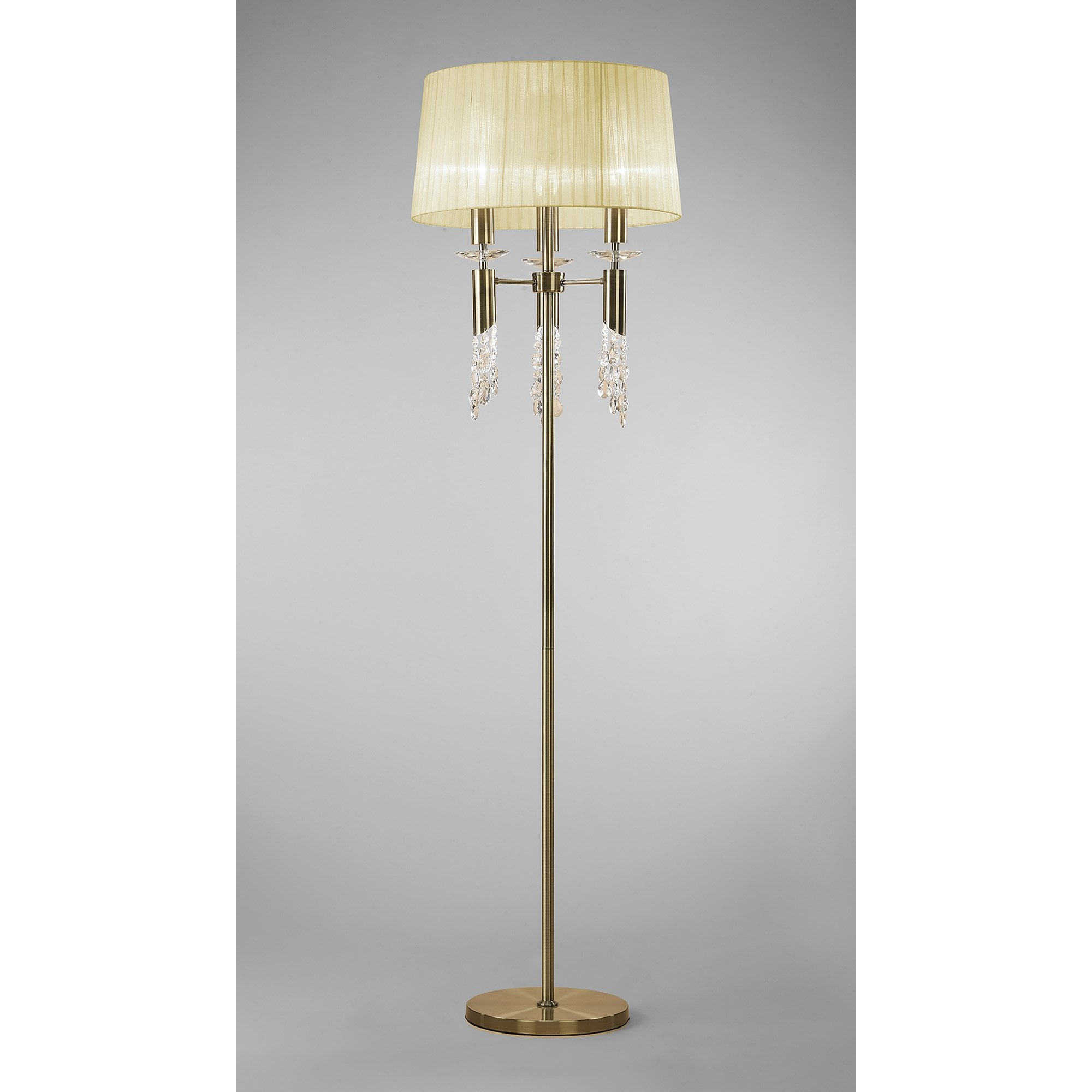 M3889/CS Tiffany Floor Lamp 3+3 Light E27+G9 Antique Brass Cream Shade & Clear Crystal