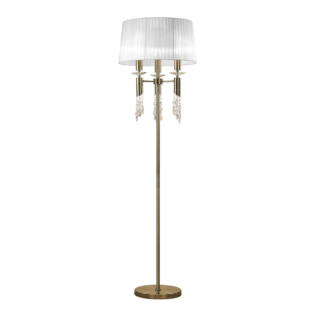 M3889/WS Tiffany Floor Lamp 3+3 Light E27+G9 Antique Brass White Shade & Clear Crystal