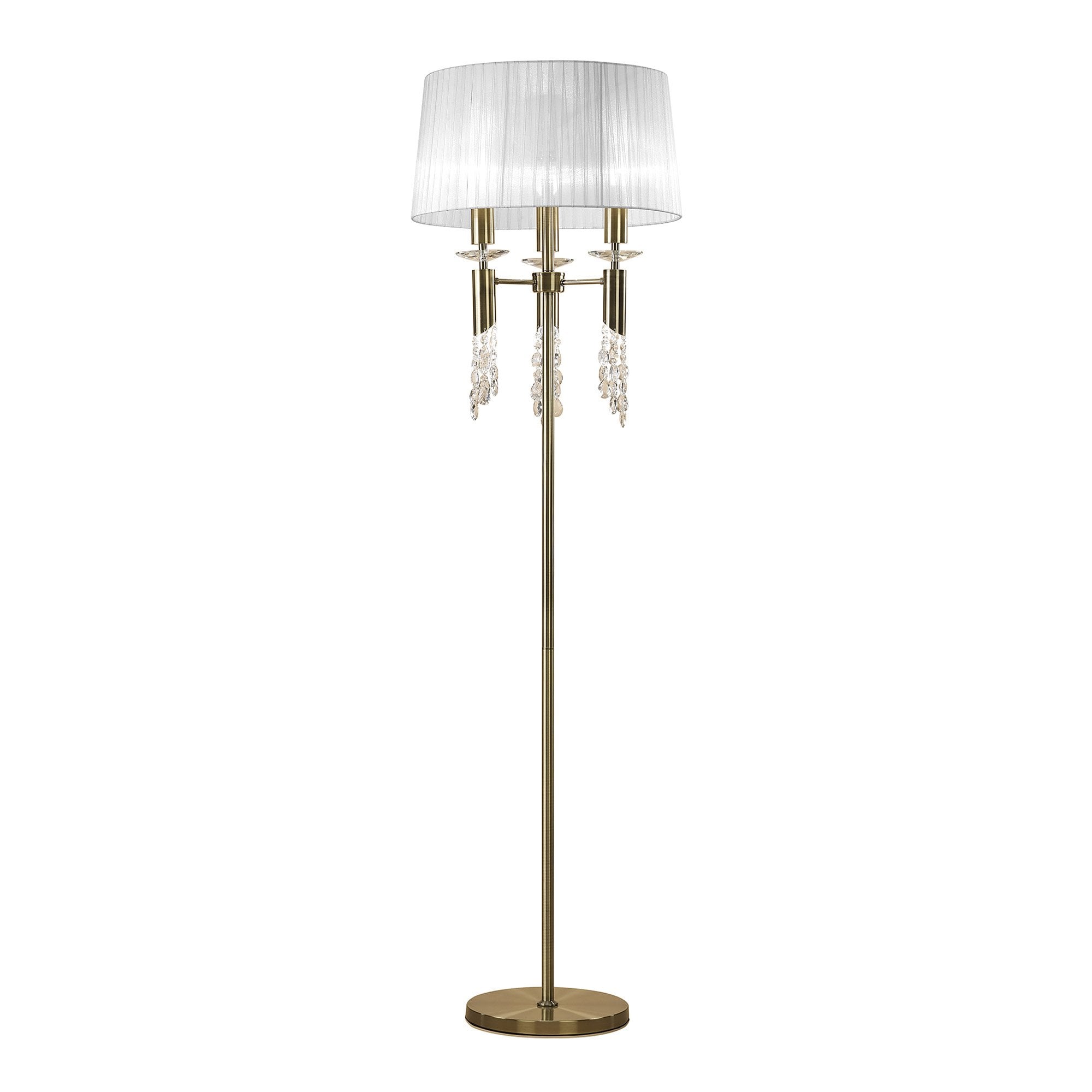 M3889/WS Tiffany Floor Lamp 3+3 Light E27+G9 Antique Brass White Shade & Clear Crystal