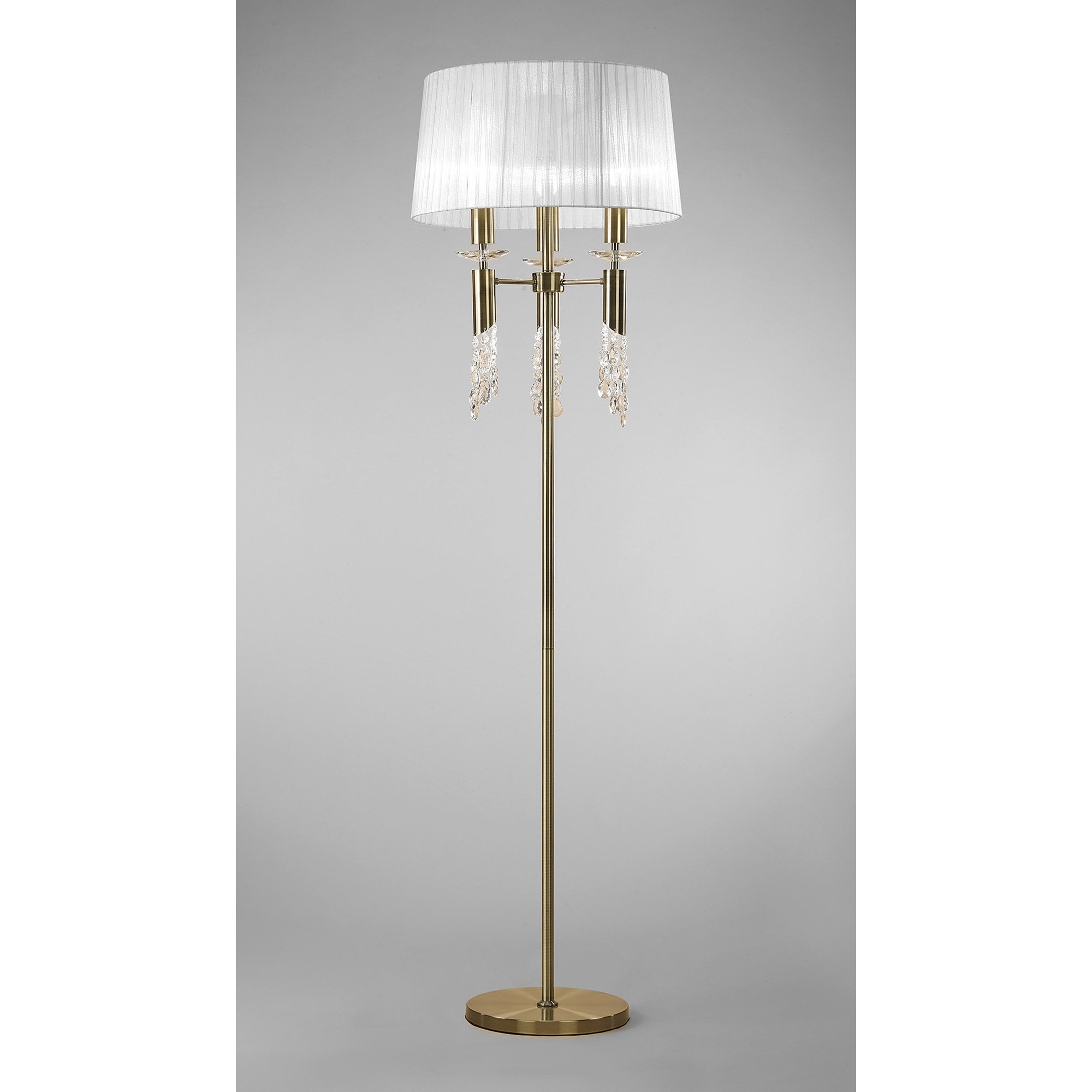 M3889/WS Tiffany Floor Lamp 3+3 Light E27+G9 Antique Brass White Shade & Clear Crystal