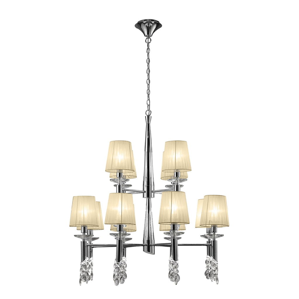 M3850/CS Tiffany Pendant 2 Tier 12+12 Light E14+G9 Polished Chrome Cream Shades & Clear Crystal