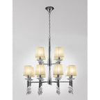M3850/CS Tiffany Pendant 2 Tier 12+12 Light E14+G9 Polished Chrome Cream Shades & Clear Crystal