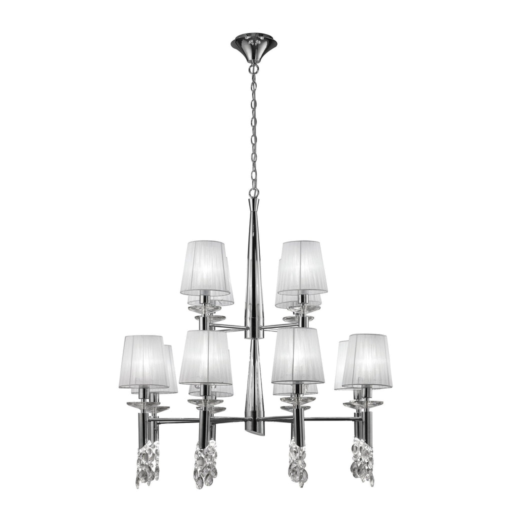 M3850 Tiffany Pendant 2 Tier 12+12 Light E14+G9 Polished Chrome White Shades & Clear Crystal