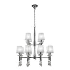 M3850 Tiffany Pendant 2 Tier 12+12 Light E14+G9 Polished Chrome White Shades & Clear Crystal