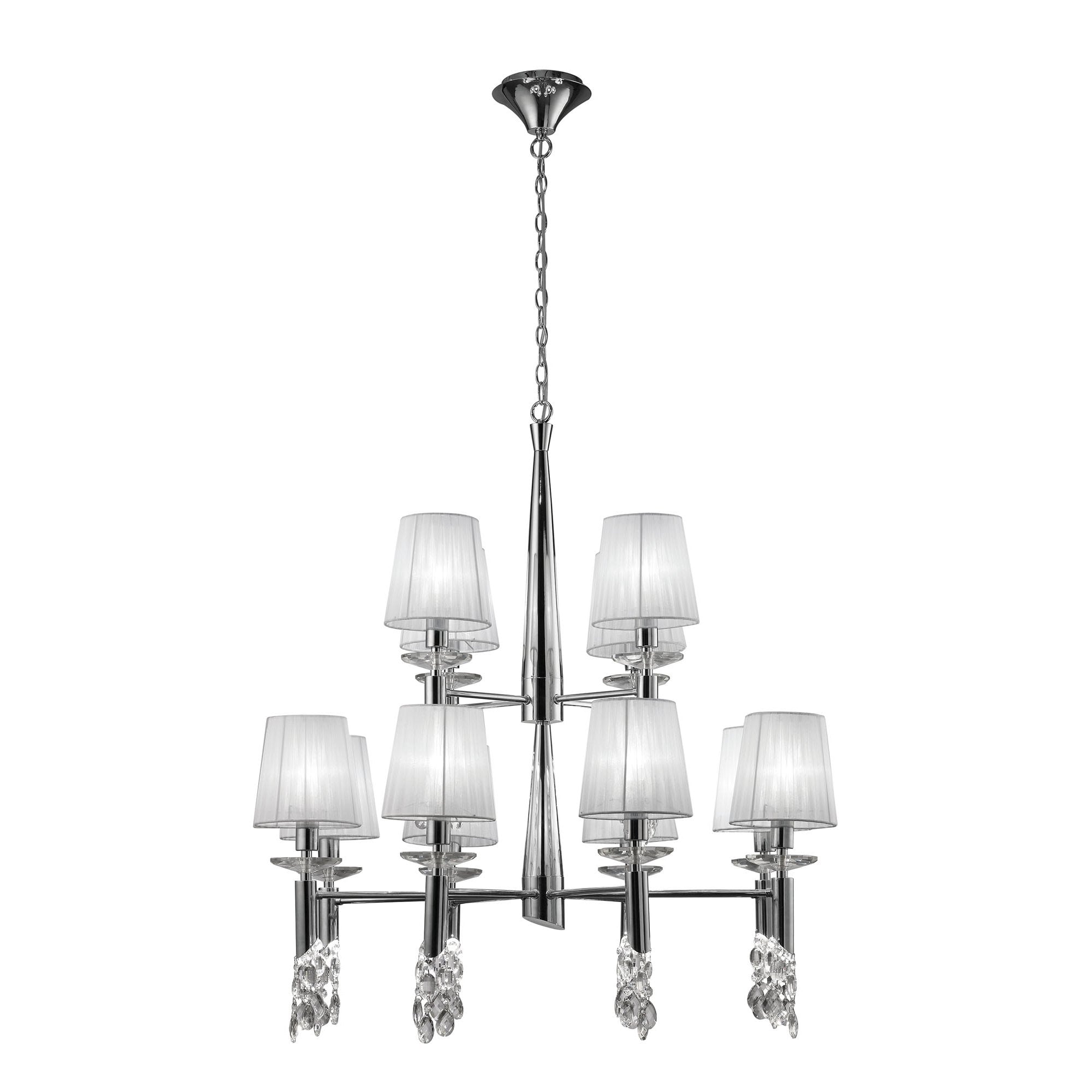M3850 Tiffany Pendant 2 Tier 12+12 Light E14+G9 Polished Chrome White Shades & Clear Crystal
