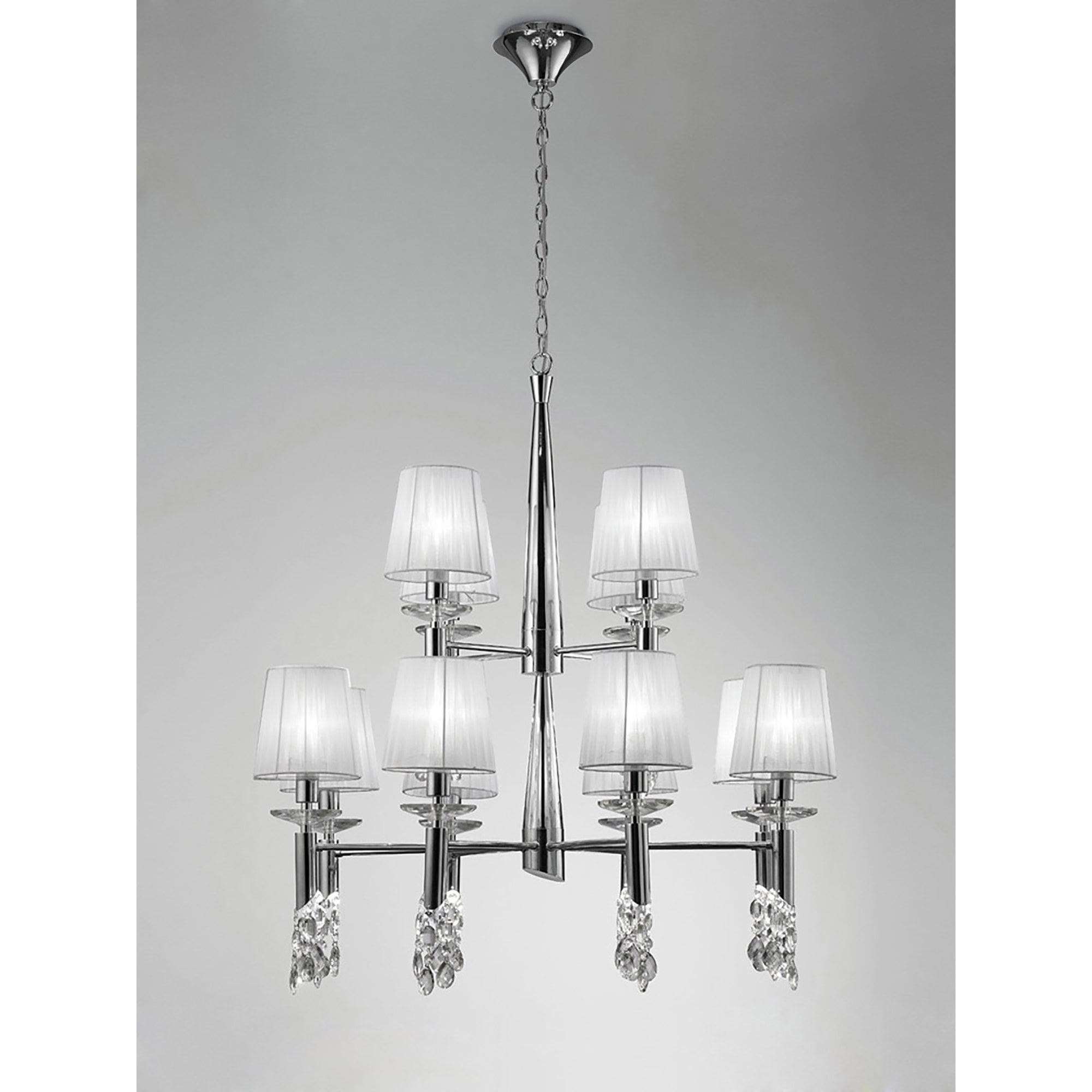M3850 Tiffany Pendant 2 Tier 12+12 Light E14+G9 Polished Chrome White Shades & Clear Crystal