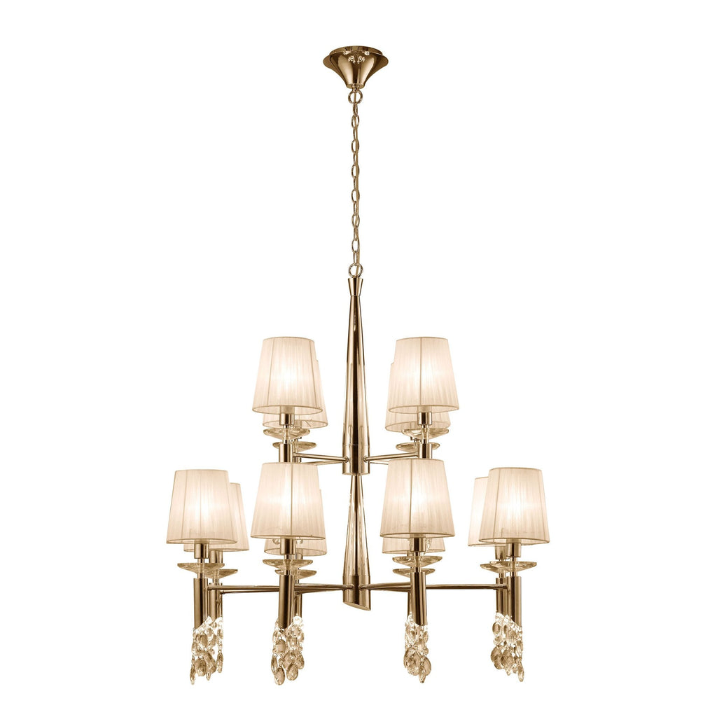 M3850FG Tiffany Pendant 2 Tier 12+12 Light E14+G9 French Gold Cream Shades & Clear Crystal