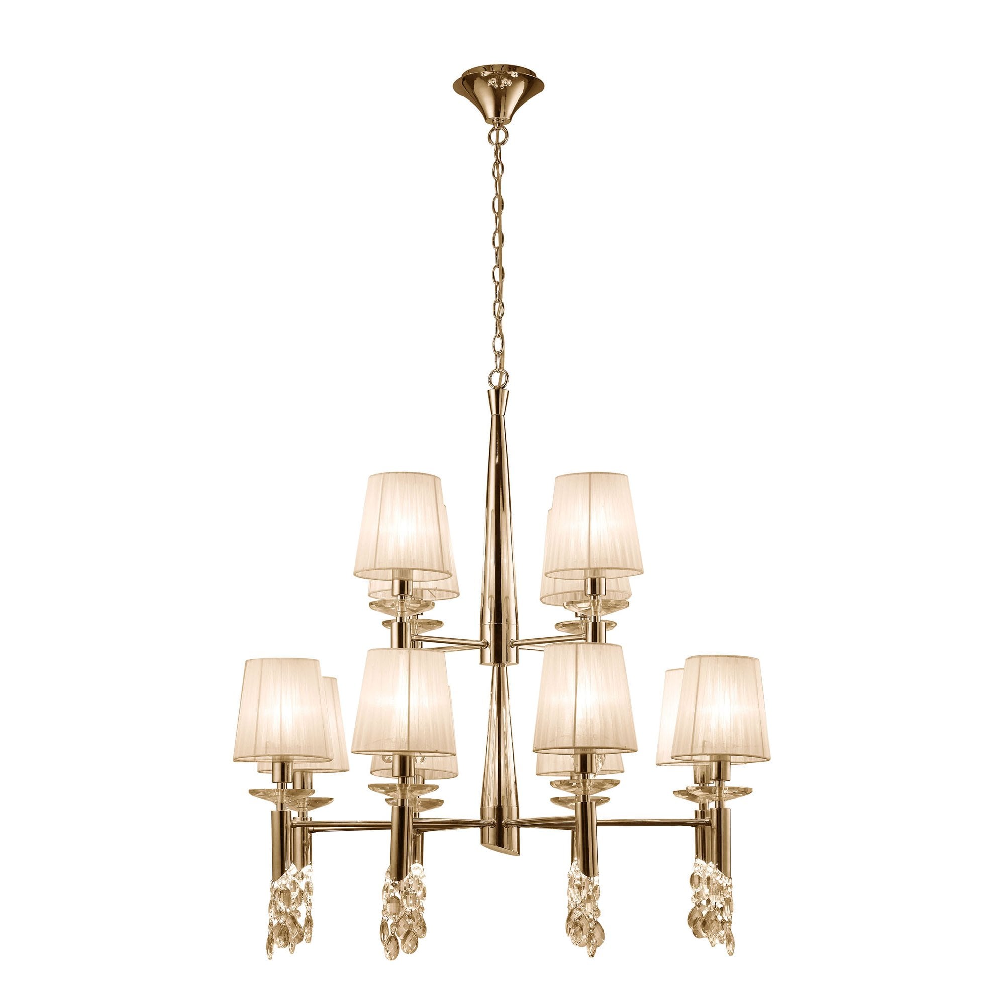 M3850FG Tiffany Pendant 2 Tier 12+12 Light E14+G9 French Gold Cream Shades & Clear Crystal