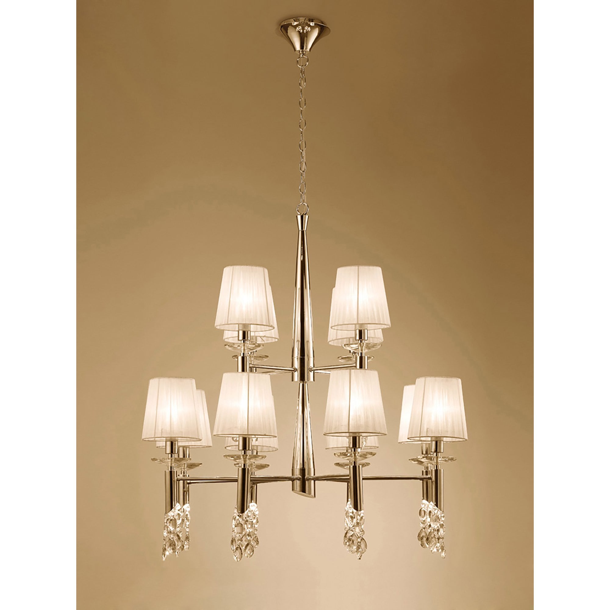 M3850FG Tiffany Pendant 2 Tier 12+12 Light E14+G9 French Gold Cream Shades & Clear Crystal
