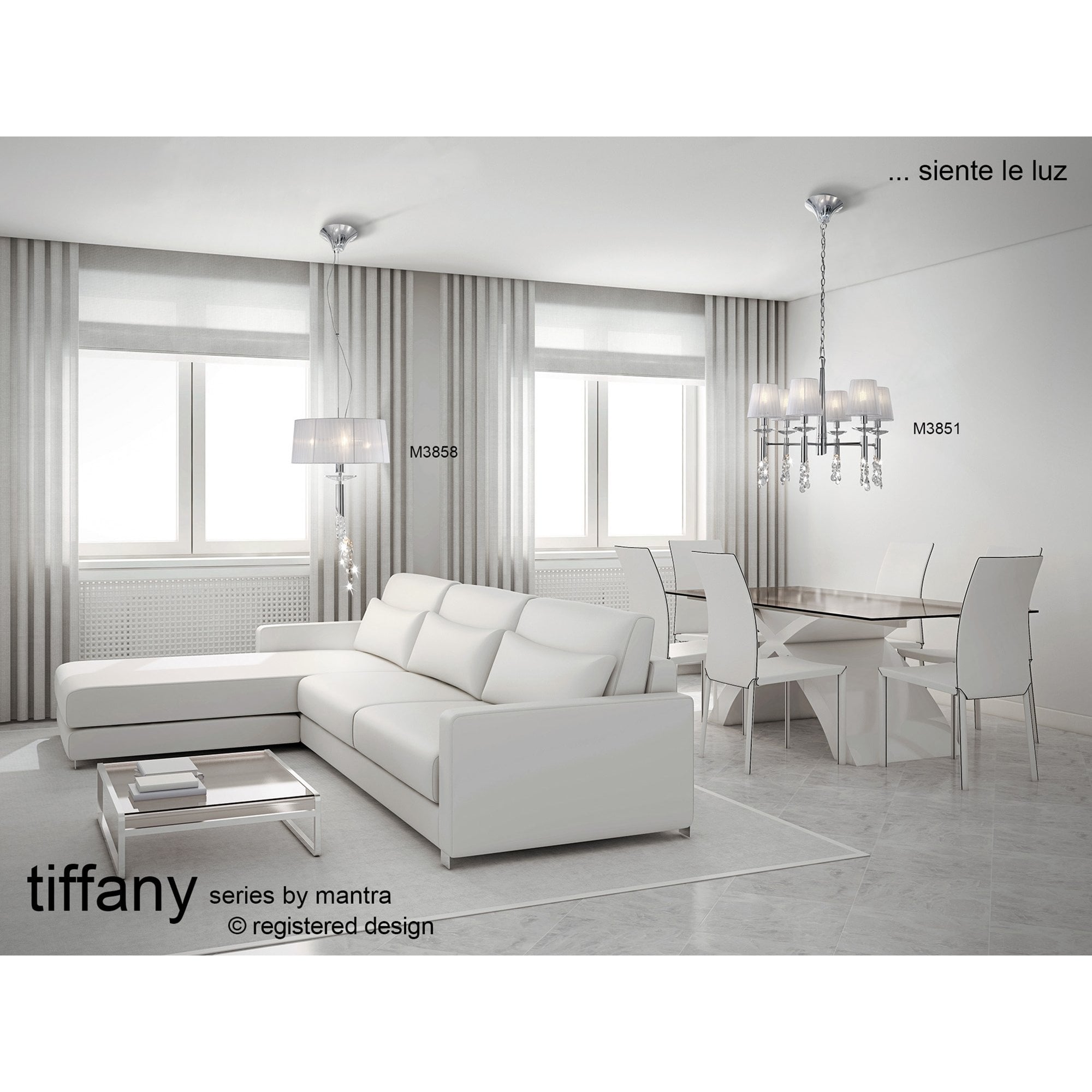 M3851 Tiffany Pendant 6+6 Light E14+G9 Polished Chrome White Shades & Clear Crystal