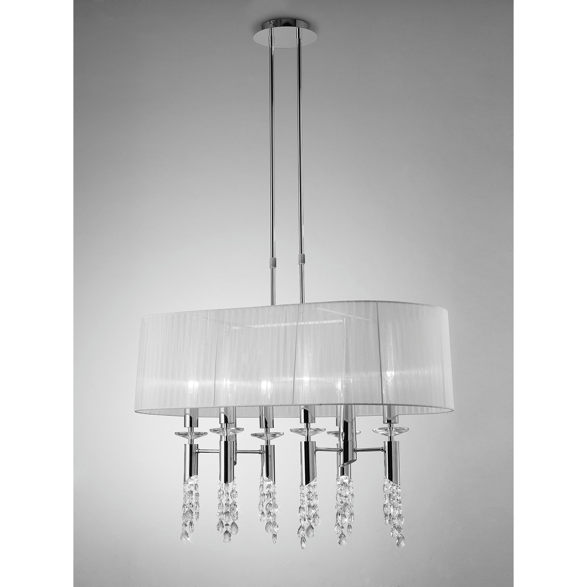 M3853 Tiffany Pendant 6+6 Light E27+G9 Oval Polished Chrome White Shade & Clear Crystal
