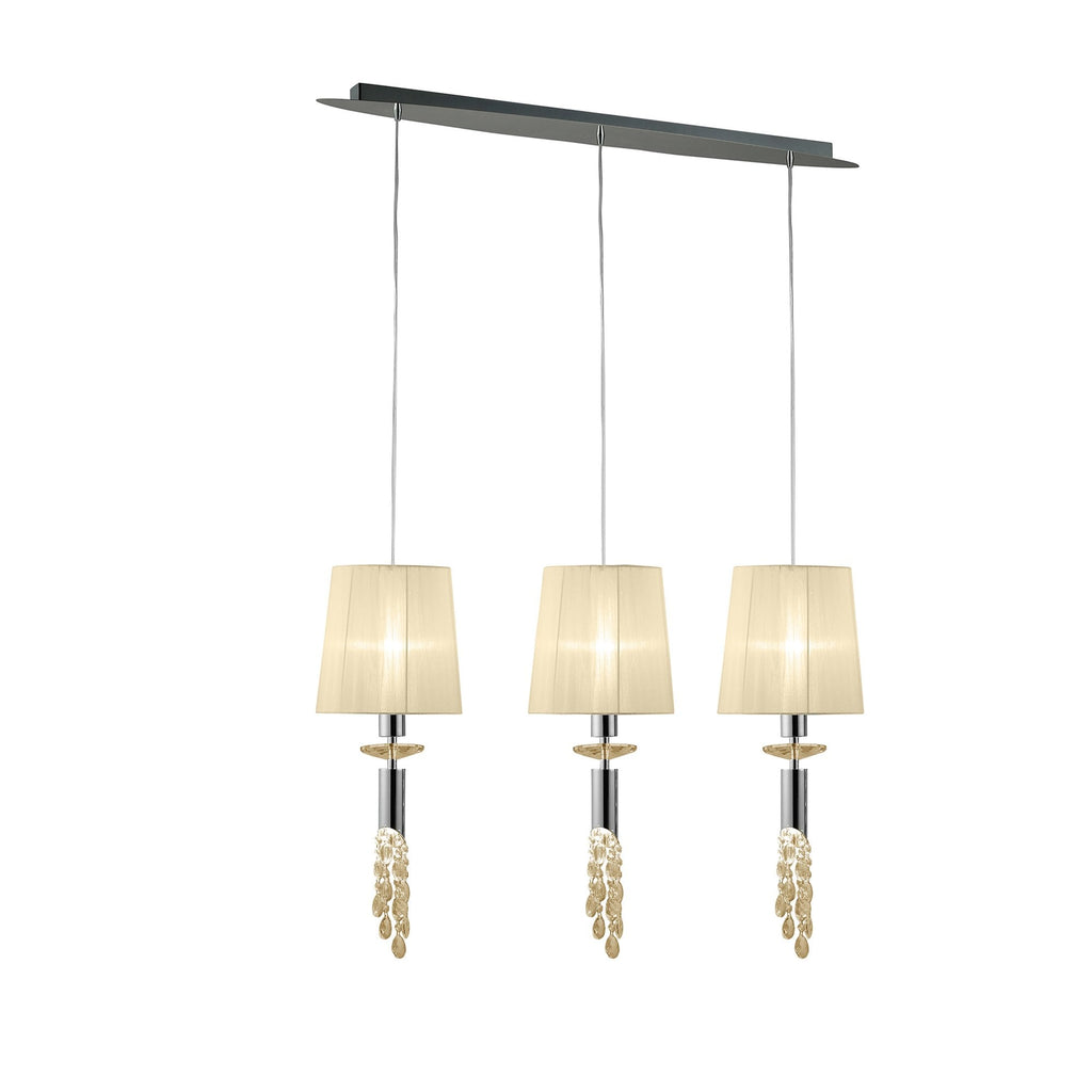 M3855/CS Tiffany Linear Pendant 3+3 Light E27+G9 Line Polished Chrome Cream Shades & Clear Crystal
