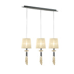 M3855/CS Tiffany Linear Pendant 3+3 Light E27+G9 Line Polished Chrome Cream Shades & Clear Crystal
