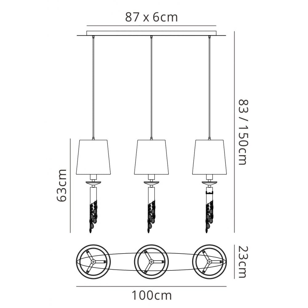 M3855/CS Tiffany Linear Pendant 3+3 Light E27+G9 Line Polished Chrome Cream Shades & Clear Crystal
