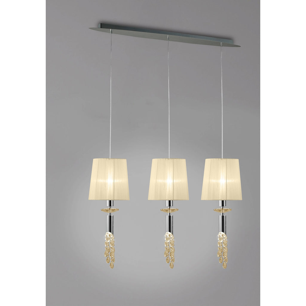 M3855/CS Tiffany Linear Pendant 3+3 Light E27+G9 Line Polished Chrome Cream Shades & Clear Crystal