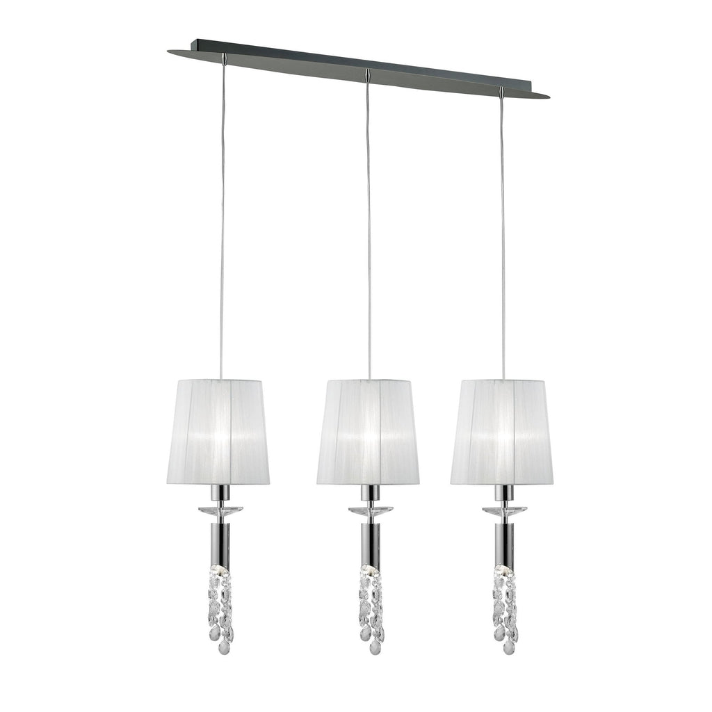 M3855 Tiffany Linear Pendant 3+3 Light E27+G9 Line Polished Chrome White Shades & Clear Crystal