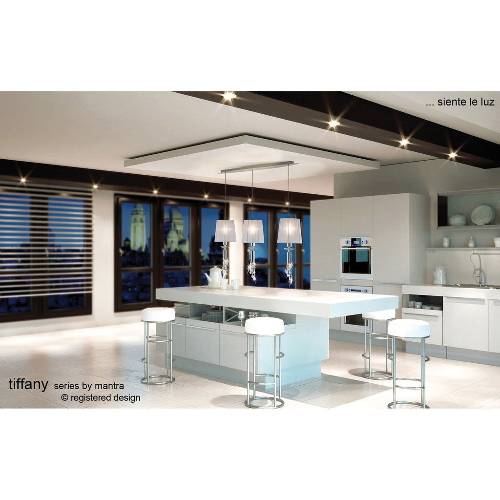 M3855 Tiffany Linear Pendant 3+3 Light E27+G9 Line Polished Chrome White Shades & Clear Crystal