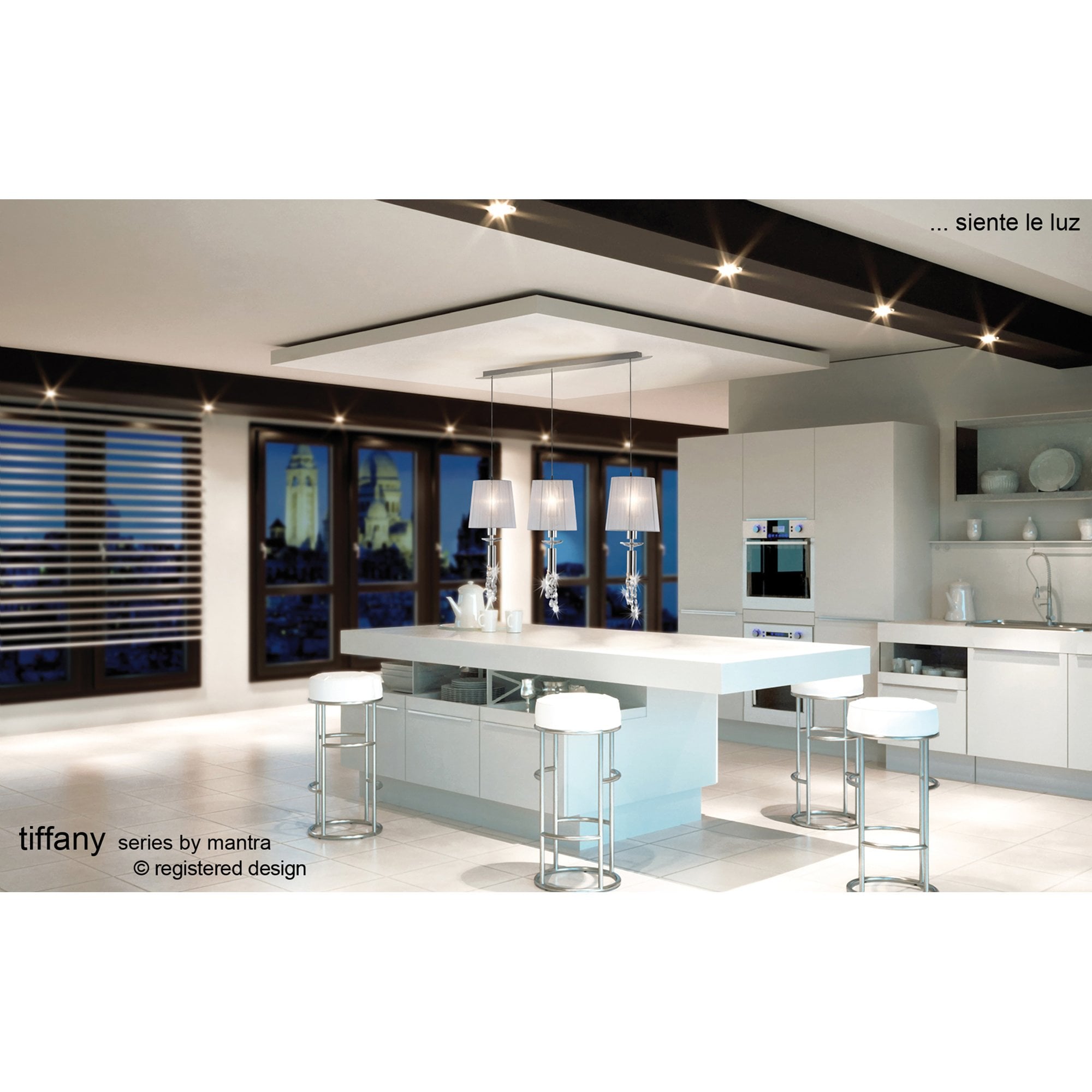 M3855 Tiffany Linear Pendant 3+3 Light E27+G9 Line Polished Chrome White Shades & Clear Crystal