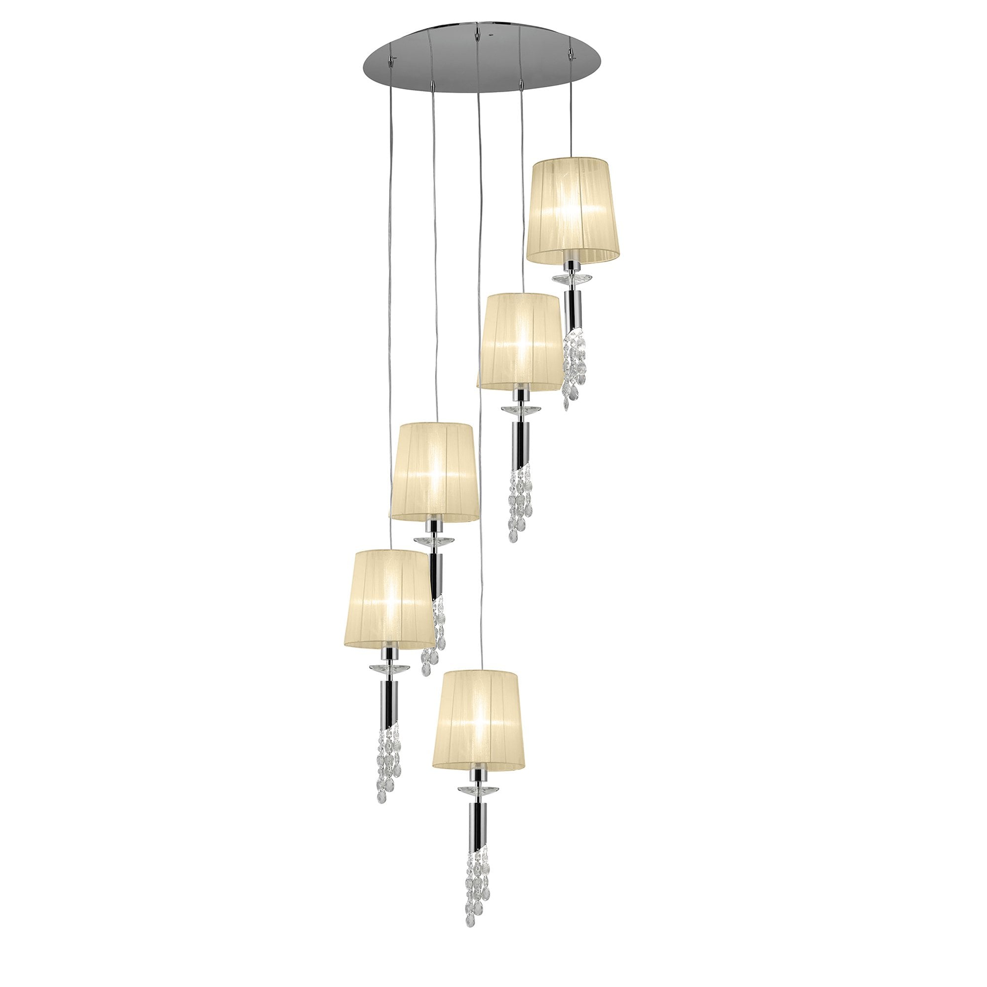M3857/CS Tiffany Pendant 5+5 Light E27+G9 Spiral Polished Chrome Cream Shades & Clear Crystal